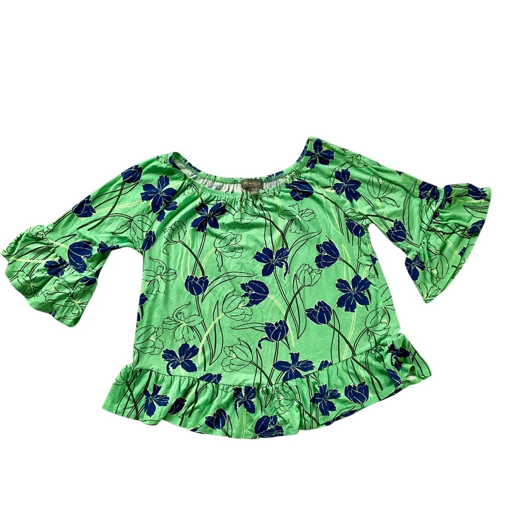 Style & Co PS Green Blue Tulip Floral Ruffle Peplum Off Shoulder Blouse Top Boho